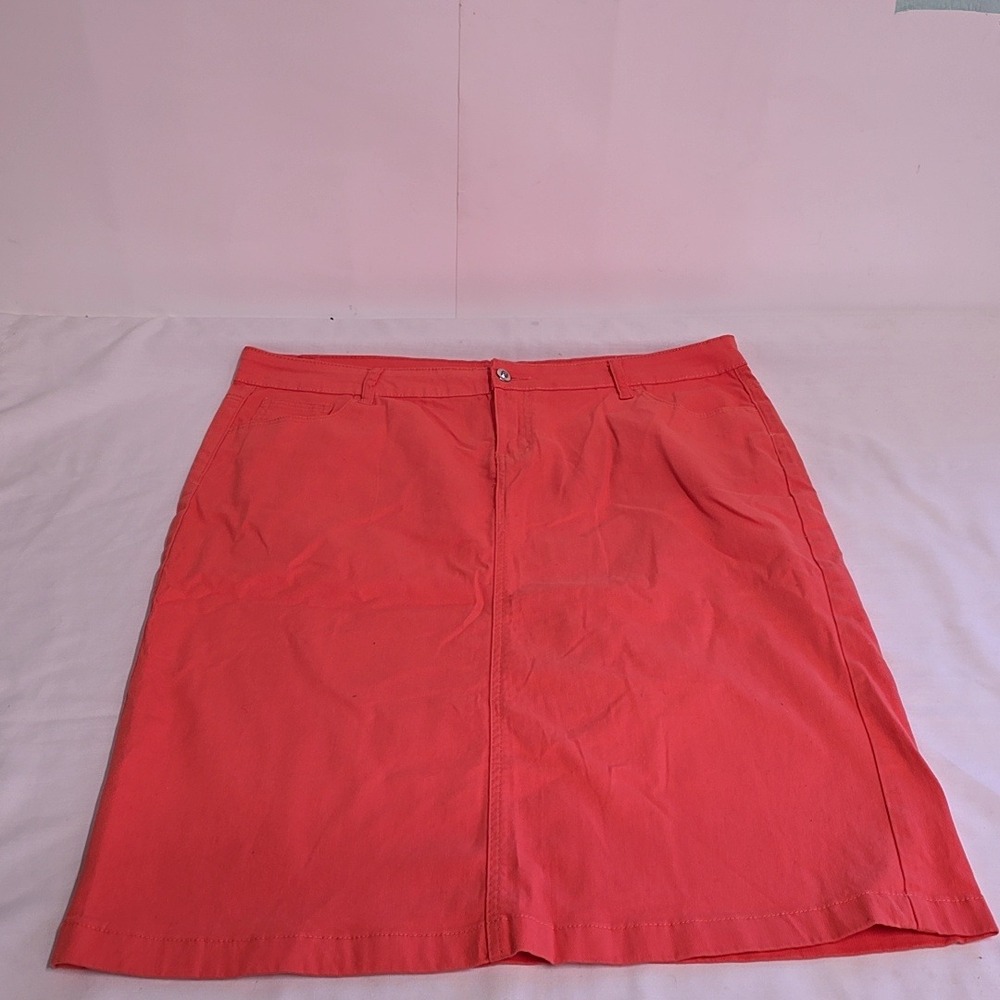 Be-girl Denim Skirt Women 3XL Coral Pink Rhinestone Button Stretch Knee Modest